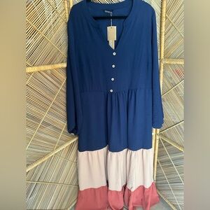 BloomChic Blue Pink Maxi Dress Size 22-24 Long Sleeve Pockets NWT